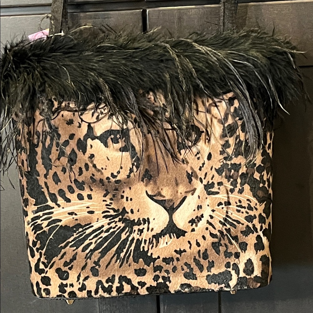 Leopard Face Faux Fur Trim Tote Bag - Black & Tan. Snap closure. New. Fun Bag.